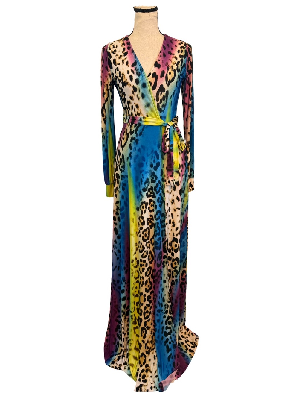 Good Time USA Rainbow Leopard Print Faux Wrap Maxi Dress Long Sleeve Small